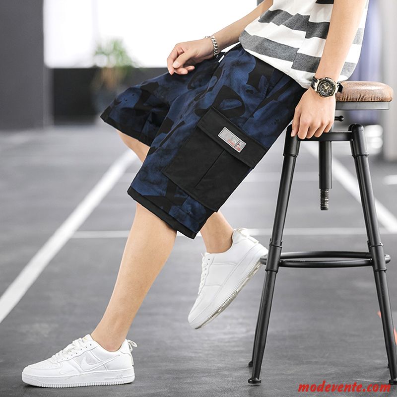 Shorts Homme Jeans Baggy Décontractée Jambe Droite Camouflage Cinquième Pantalon Bleu