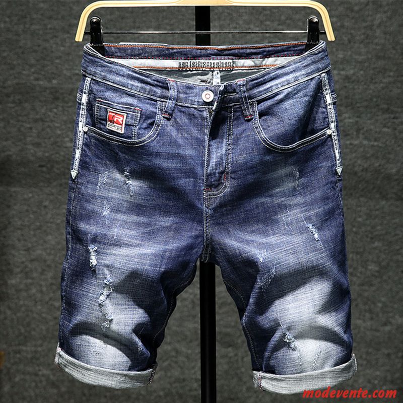 Shorts Homme Légère Des Trous Dans Les Jeans Extensible Cinquième Pantalon Été Tendance Bleu Clair