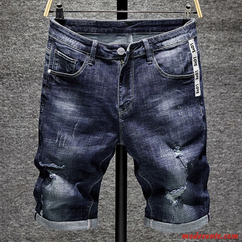 Shorts Homme Légère Des Trous Dans Les Jeans Extensible Cinquième Pantalon Été Tendance Bleu Clair