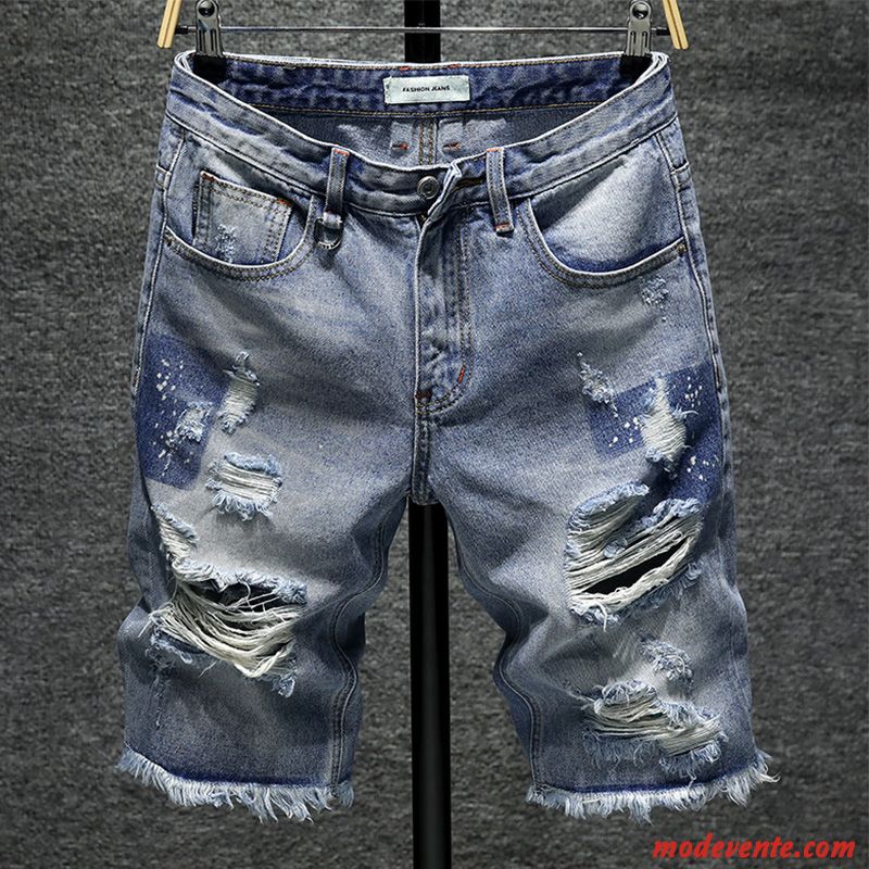 Shorts Homme Légère Des Trous Dans Les Jeans Extensible Cinquième Pantalon Été Tendance Bleu Clair