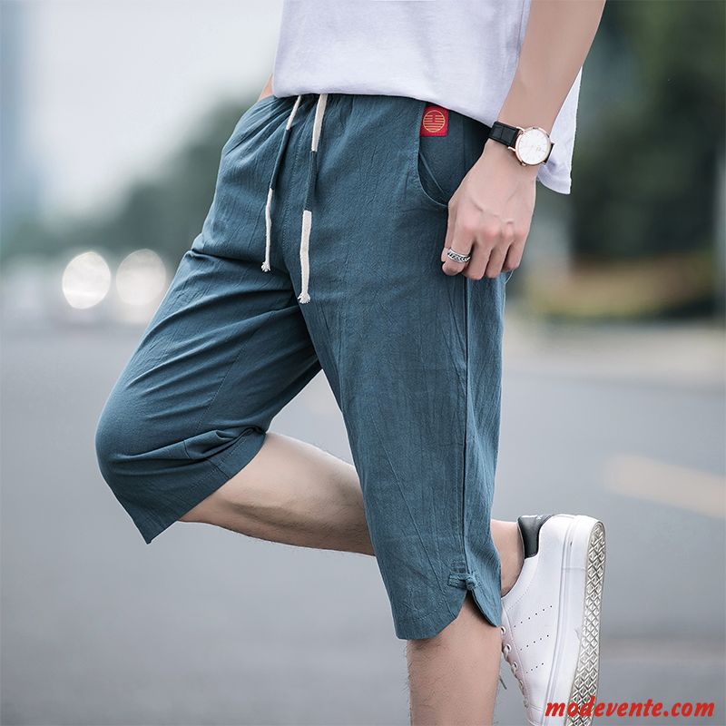 Shorts Homme Style Chinois Cinquième Pantalon Lin Baggy Tendance Septième Pantalon Vert Foncé