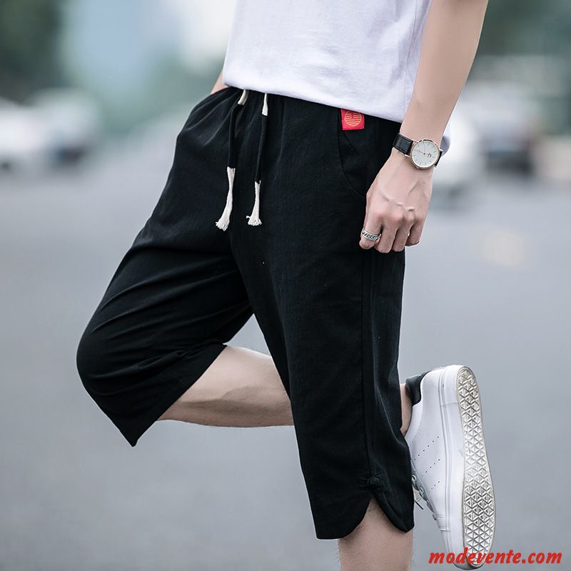 Shorts Homme Style Chinois Cinquième Pantalon Lin Baggy Tendance Septième Pantalon Vert Foncé