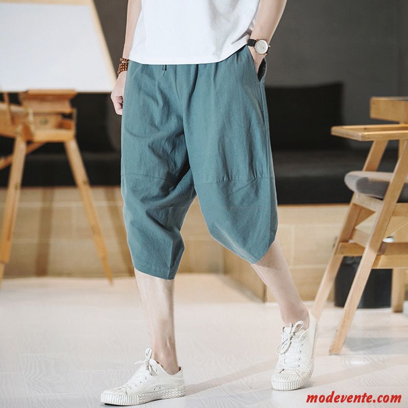 Shorts Homme Style Chinois Cinquième Pantalon Lin Baggy Tendance Septième Pantalon Vert Foncé