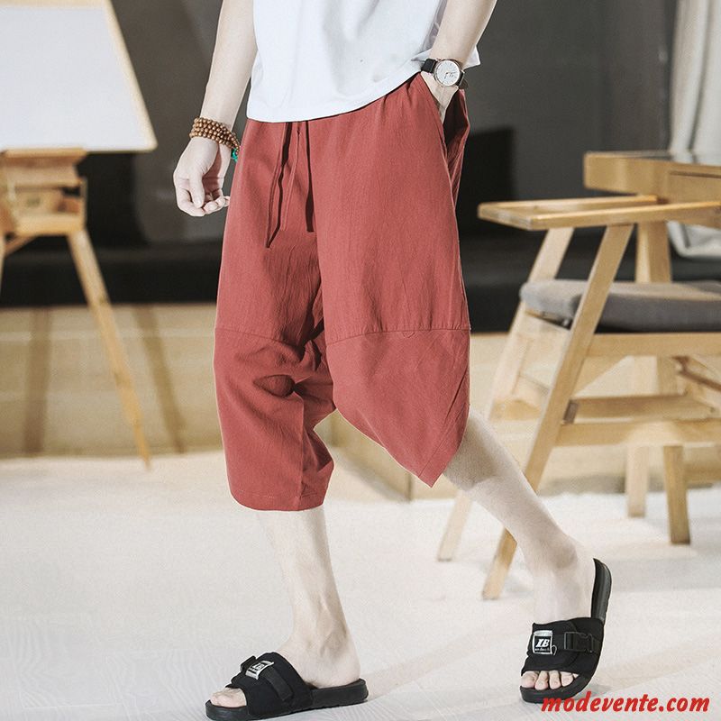 Shorts Homme Style Chinois Cinquième Pantalon Lin Baggy Tendance Septième Pantalon Vert Foncé