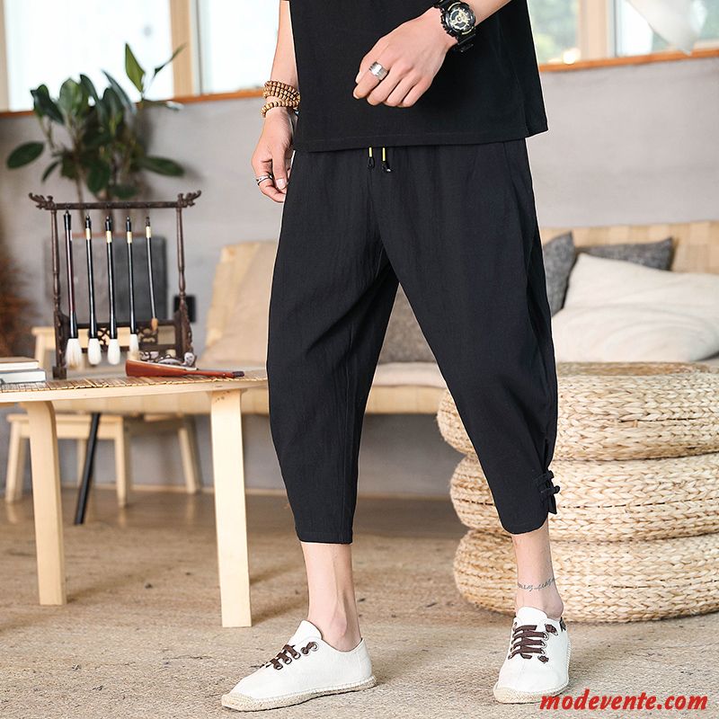 Shorts Homme Style Chinois Cinquième Pantalon Lin Baggy Tendance Septième Pantalon Vert Foncé