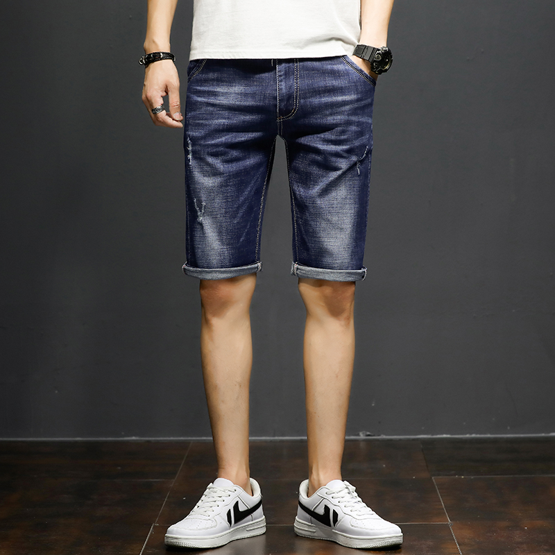 Shorts Homme Tendance Extensible Été Cinquième Pantalon Des Trous Dans Les Jeans Légère Bleu