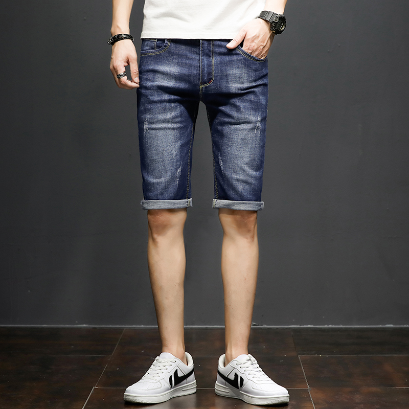 Shorts Homme Tendance Extensible Été Cinquième Pantalon Des Trous Dans Les Jeans Légère Bleu