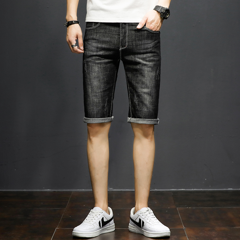 Shorts Homme Tendance Extensible Été Cinquième Pantalon Des Trous Dans Les Jeans Légère Bleu