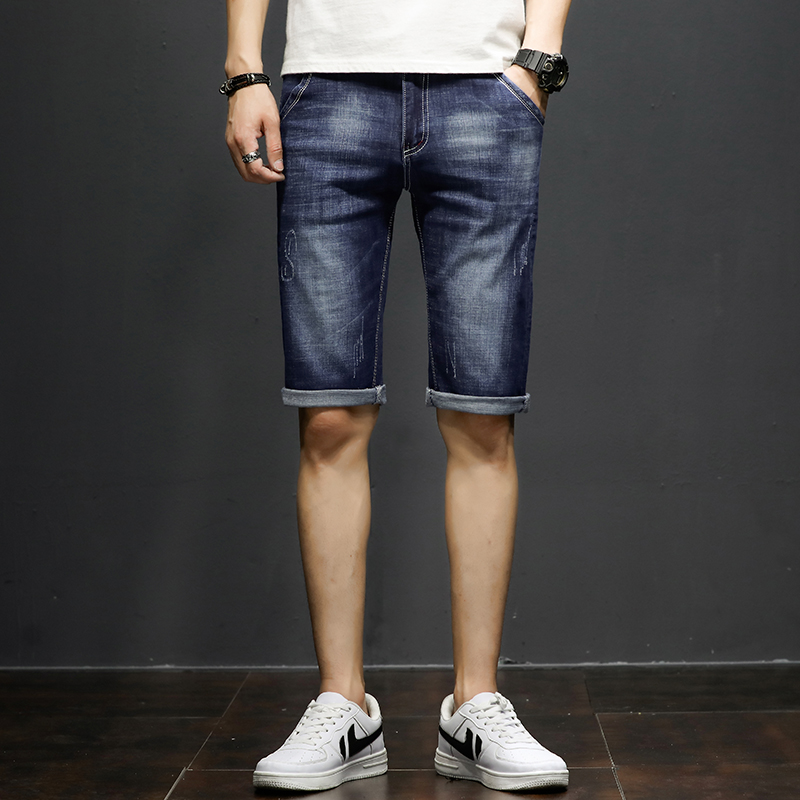 Shorts Homme Tendance Extensible Été Cinquième Pantalon Des Trous Dans Les Jeans Légère Bleu