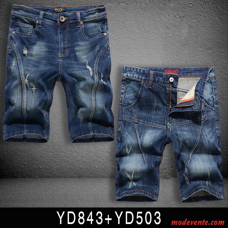 Shorts Homme Tendance Légère Des Trous Dans Les Jeans Baggy Cinquième Pantalon Été Bleu