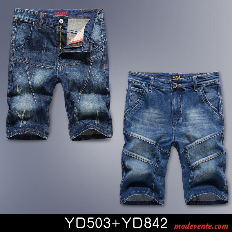 Shorts Homme Tendance Légère Des Trous Dans Les Jeans Baggy Cinquième Pantalon Été Bleu