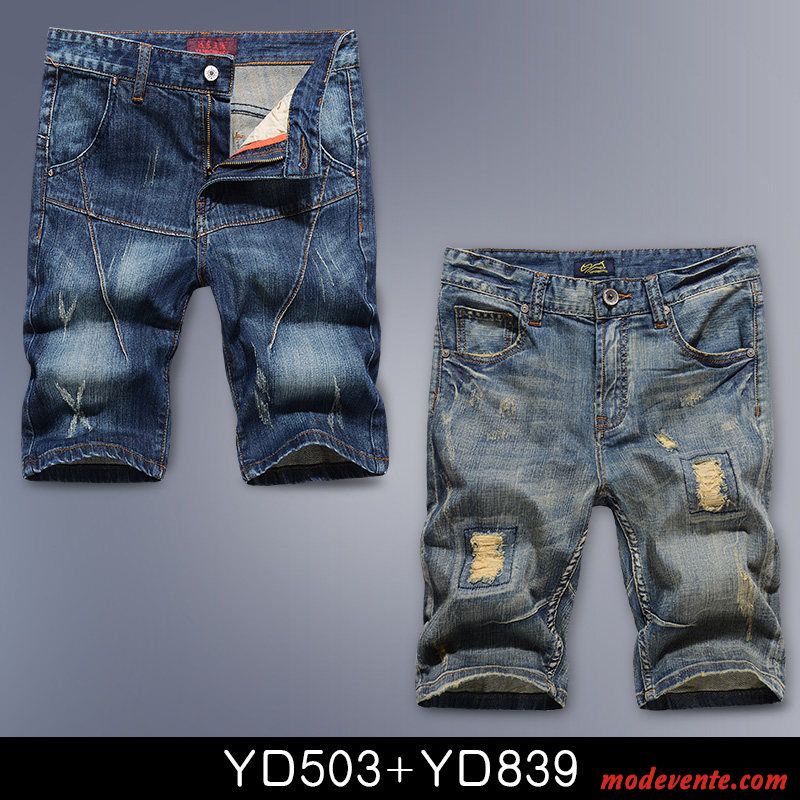 Shorts Homme Tendance Légère Des Trous Dans Les Jeans Baggy Cinquième Pantalon Été Bleu