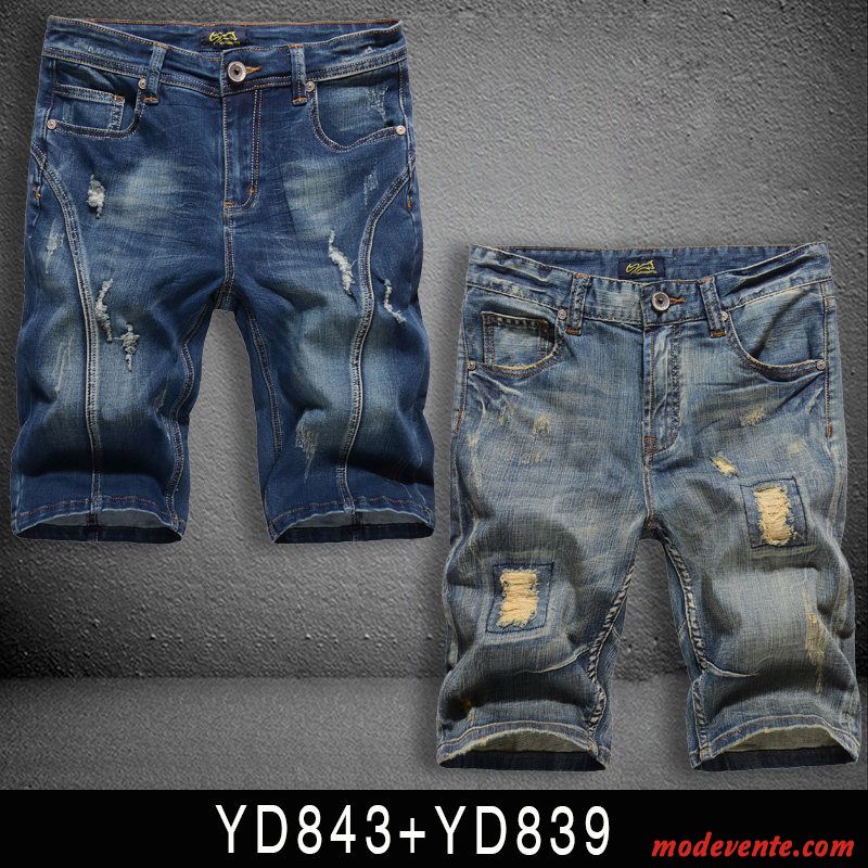 Shorts Homme Tendance Légère Des Trous Dans Les Jeans Baggy Cinquième Pantalon Été Bleu