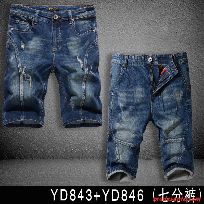 Shorts Homme Tendance Légère Des Trous Dans Les Jeans Baggy Cinquième Pantalon Été Bleu