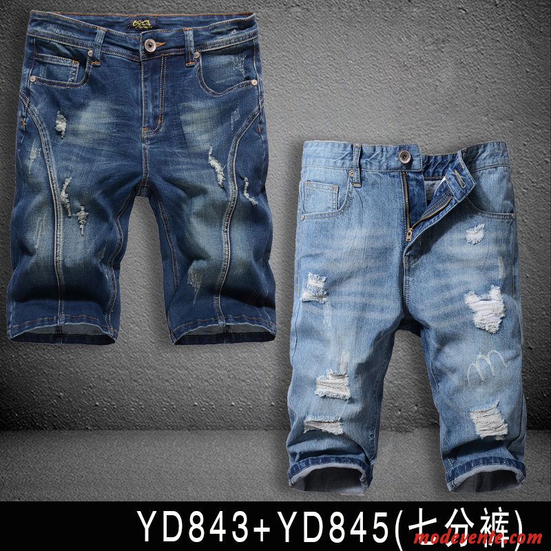 Shorts Homme Tendance Légère Des Trous Dans Les Jeans Baggy Cinquième Pantalon Été Bleu