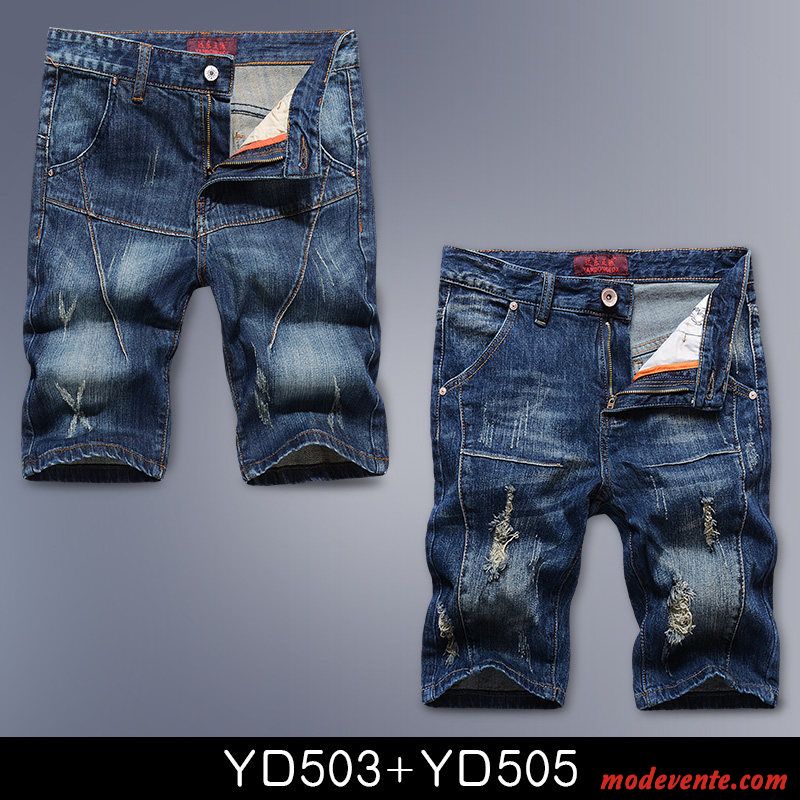 Shorts Homme Tendance Légère Des Trous Dans Les Jeans Baggy Cinquième Pantalon Été Bleu