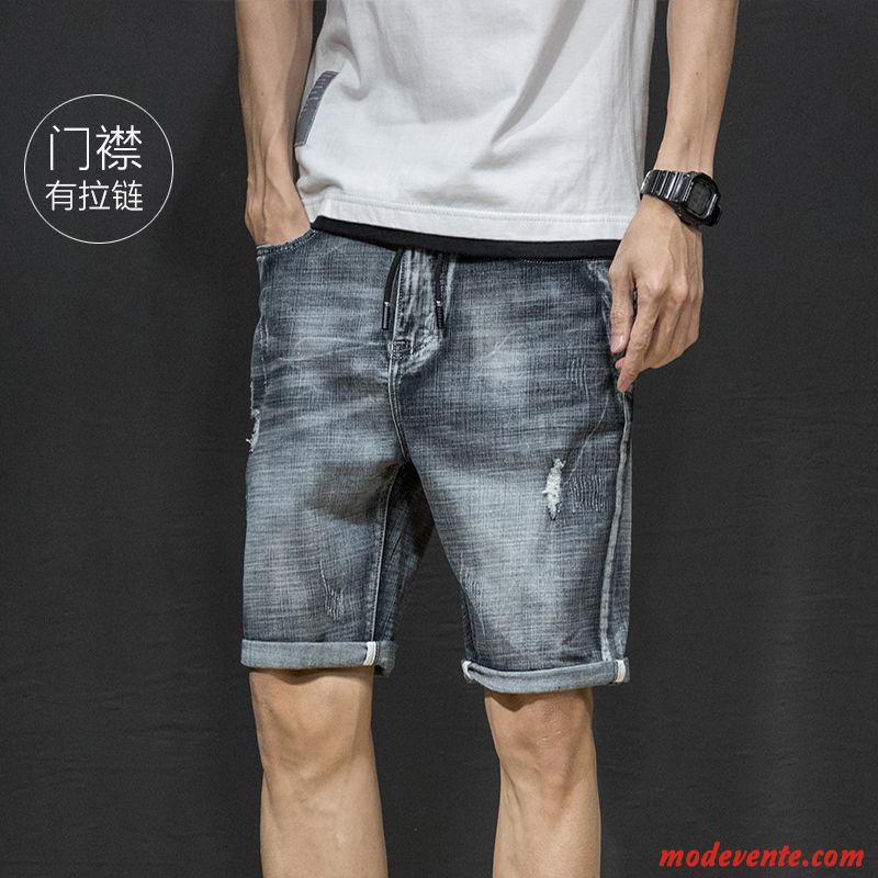 Shorts Homme Élastique Denim Été Légère Attache Jambe Droite Noir Gris