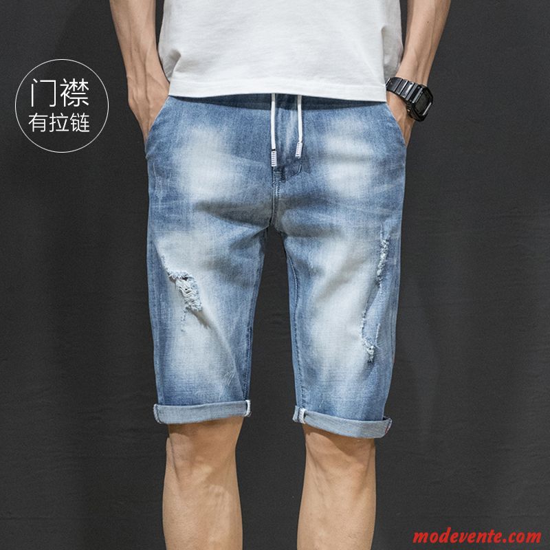 Shorts Homme Élastique Denim Été Légère Attache Jambe Droite Noir Gris