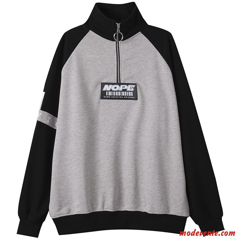 Sweat À Capuche Femme Col Haut Hoodies Baggy Tendance L'automne Manteau Couleur De Contraste Gris