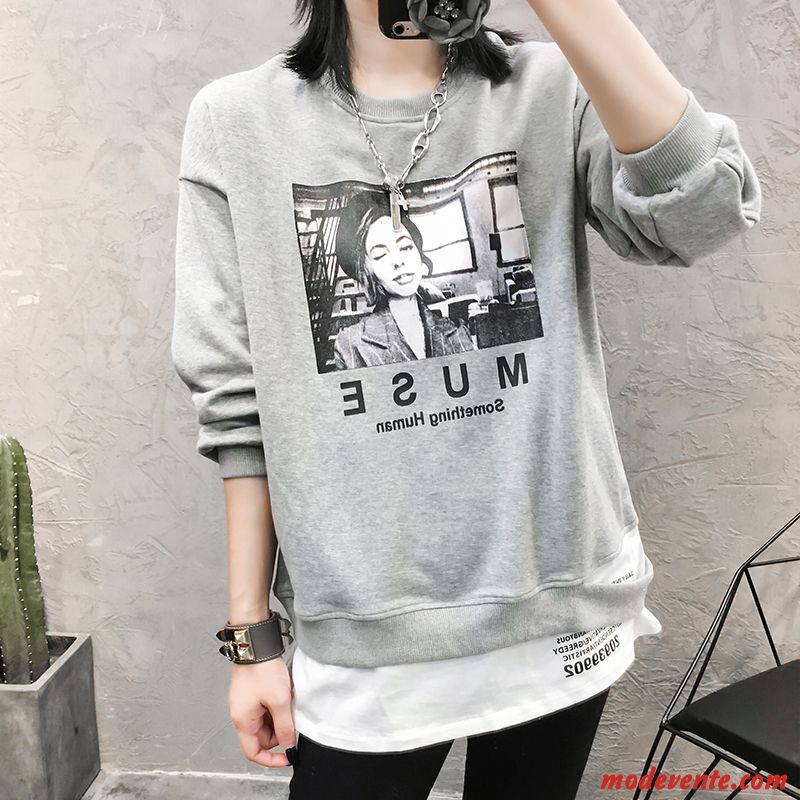 Sweat À Capuche Femme Hoodies Baggy Col Rond Ultra Printemps Épissure Gris