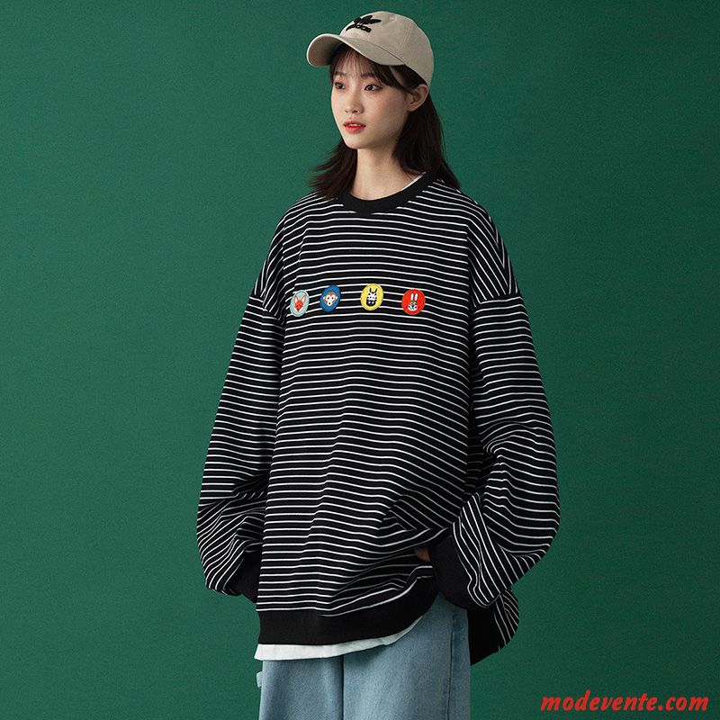 Sweat À Capuche Femme Hoodies Légère Tendance Rayé Printemps Coton Bio Noir