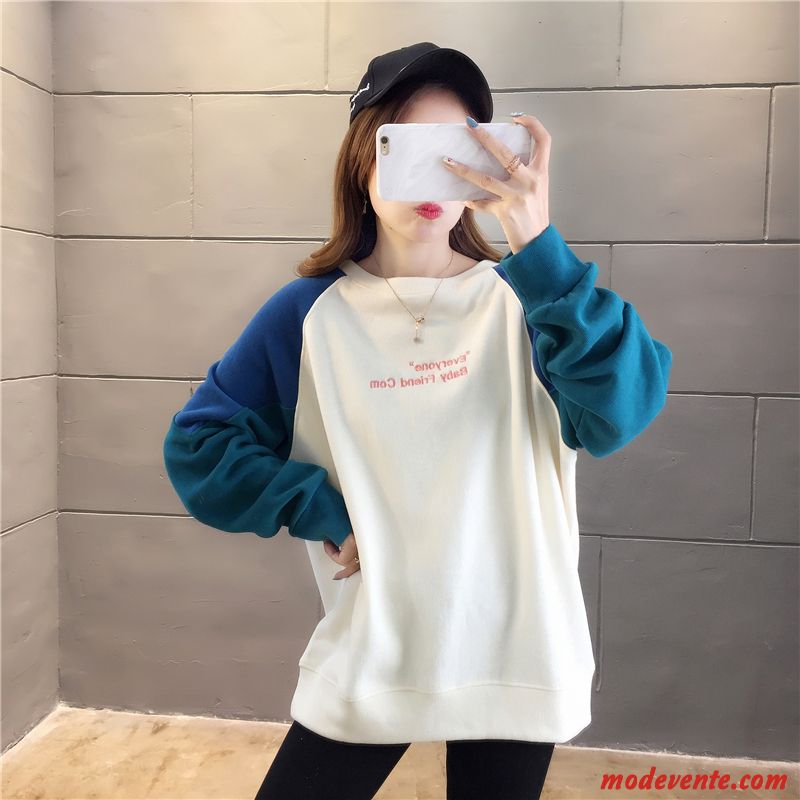 Sweat À Capuche Femme Longues Baggy Une Veste Col Rond Pullovers L'automne Couleurs Mixtes Blanc