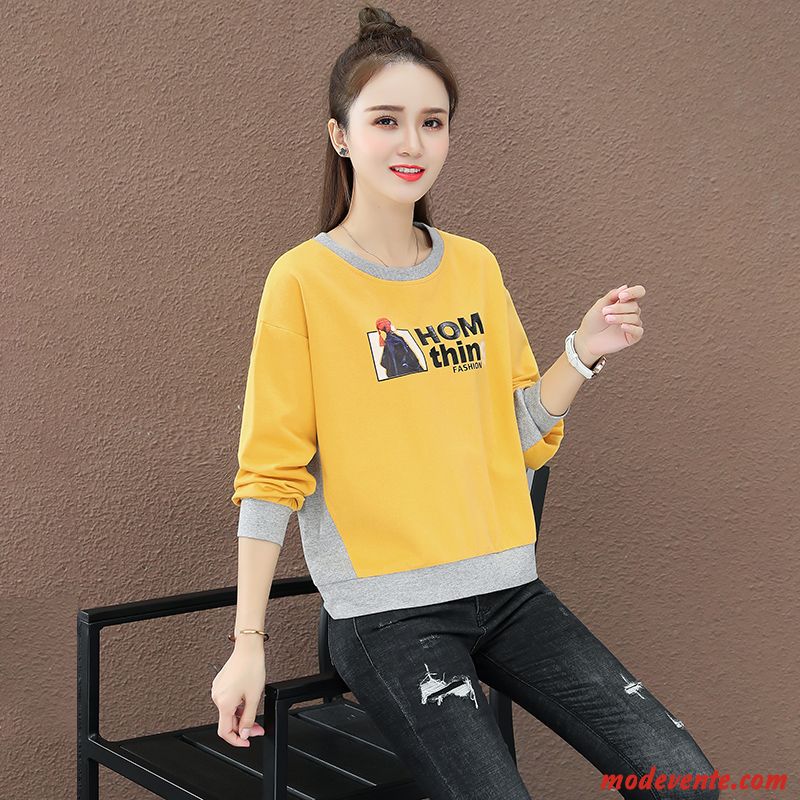 Sweat À Capuche Femme Légère Court Pullovers Une Veste Hoodies Baggy Couleur De Contraste Jaune