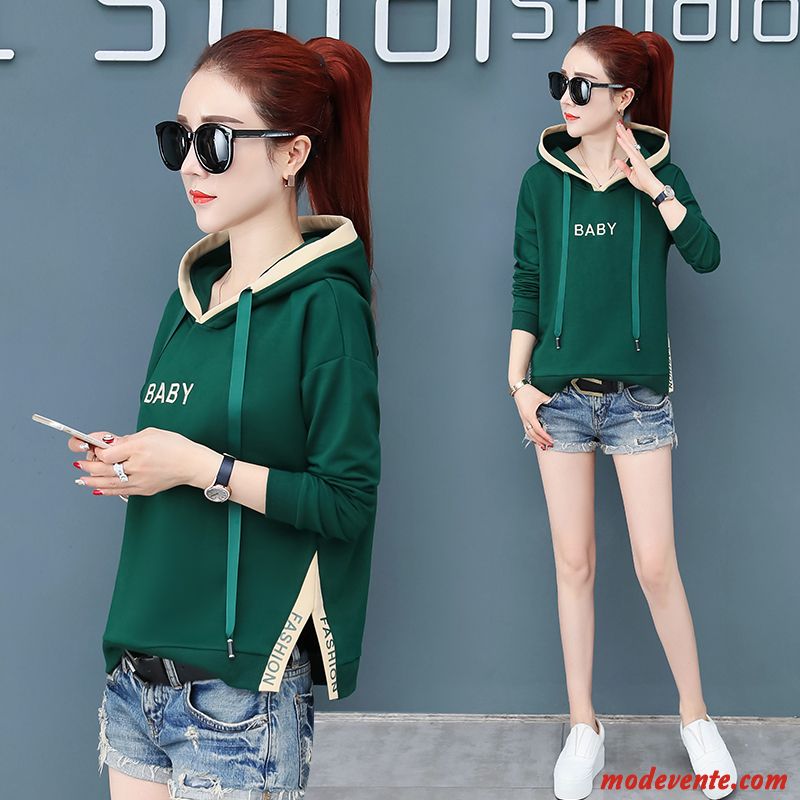 Sweat À Capuche Femme Manteau Court Hoodies Printemps Baggy Diviser La Fourchette Vert Foncé