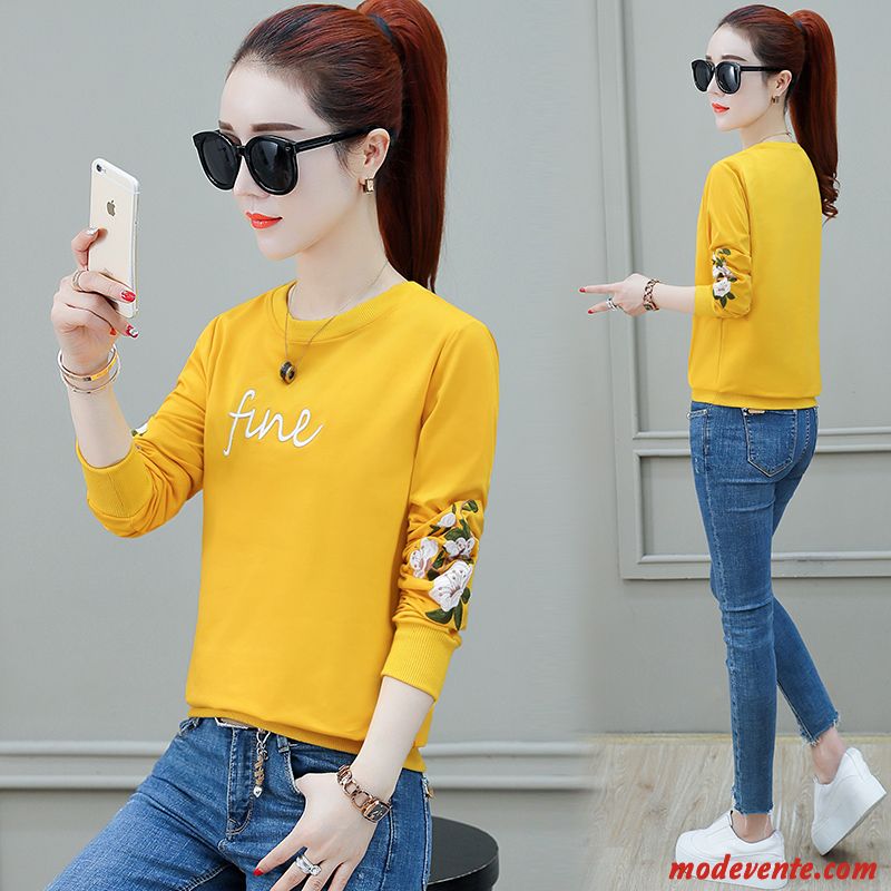 Sweat À Capuche Femme Mince Col Rond Brodé Printemps Tendance Slim Jaune