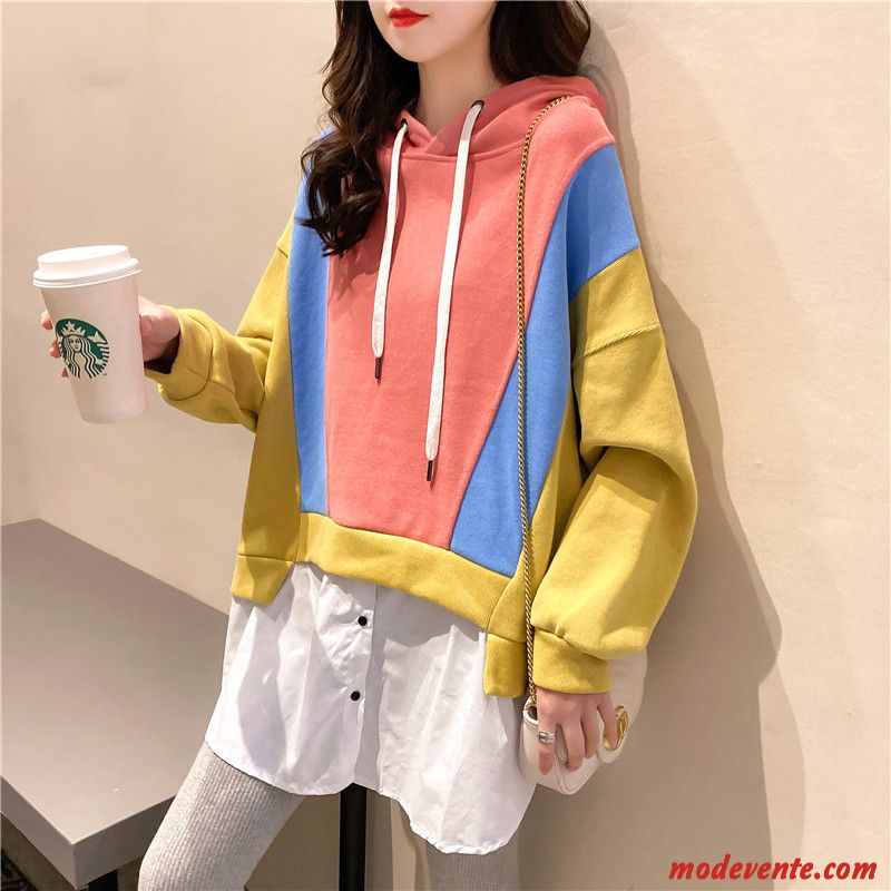 Sweat À Capuche Femme Tendance Longue Baggy Deux-pièces Une Veste Hoodies Couleur De Contraste Jaune