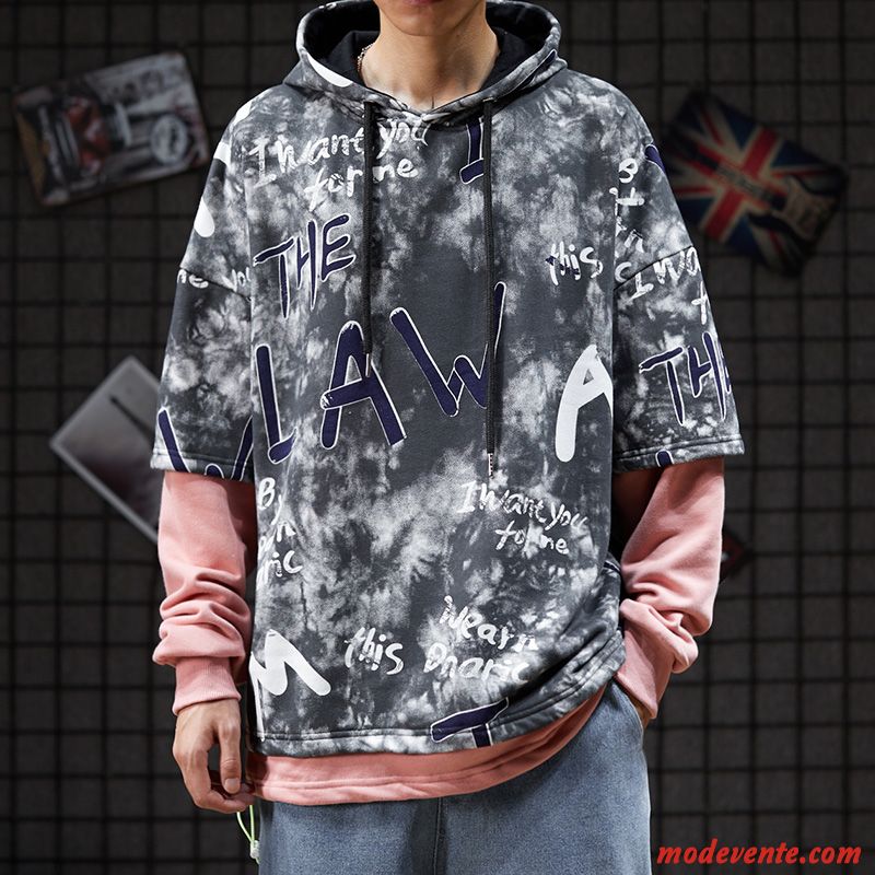 Sweat À Capuche Homme L'automne Deux-pièces Tendance Graffiti Encapuchonné Baggy Gris