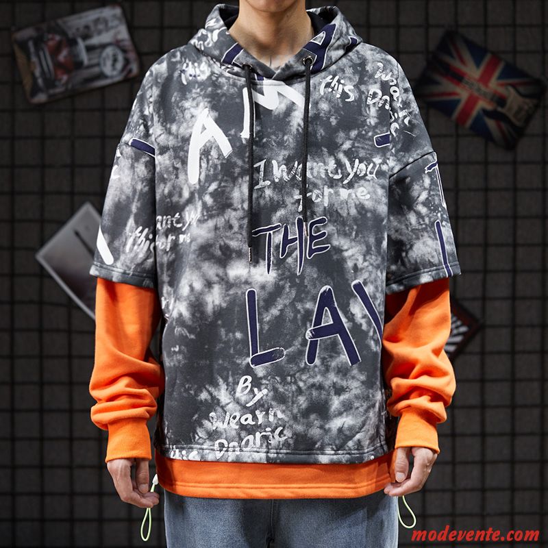 Sweat À Capuche Homme L'automne Deux-pièces Tendance Graffiti Encapuchonné Baggy Gris