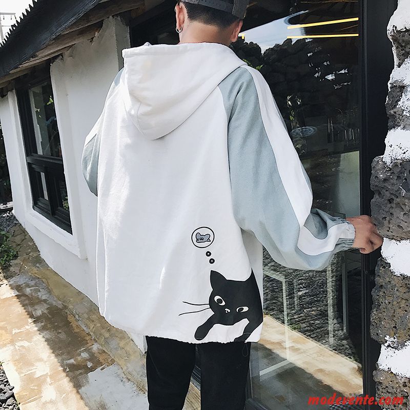 Sweat À Capuche Homme Manteau Dessin Animé Étudiant Baggy L'automne Tendance Blanc