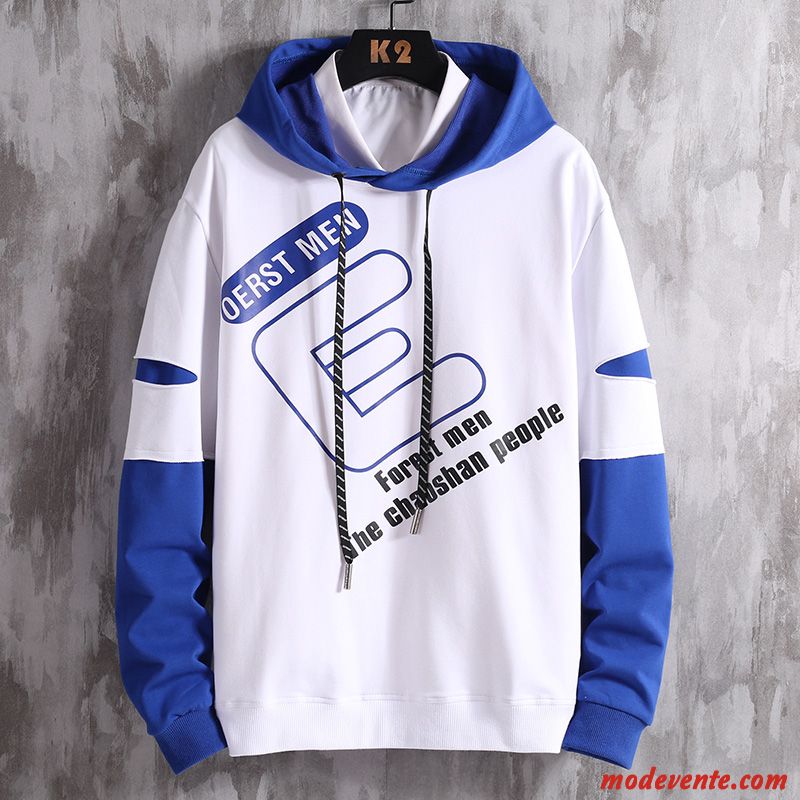 Sweat À Capuche Homme Mince Étudiant Manteau Personnalité Les Adolescents Gros Impression Bleu