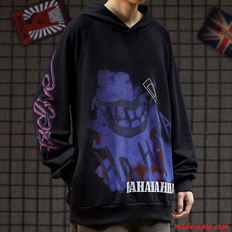 Sweat À Capuche Homme Personnalité Rue Dessin Animé Manteau Printemps Pullovers Impression Noir