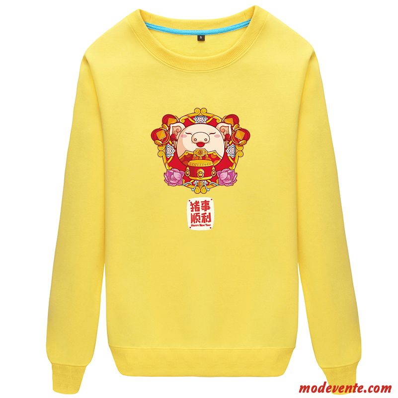 Sweat À Capuche Homme Plus De Velours Légère Col Rond Dessin Animé Femme L'automne Rouge