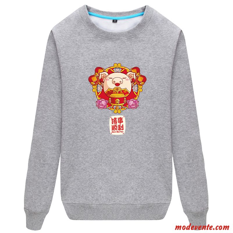 Sweat À Capuche Homme Plus De Velours Légère Col Rond Dessin Animé Femme L'automne Rouge