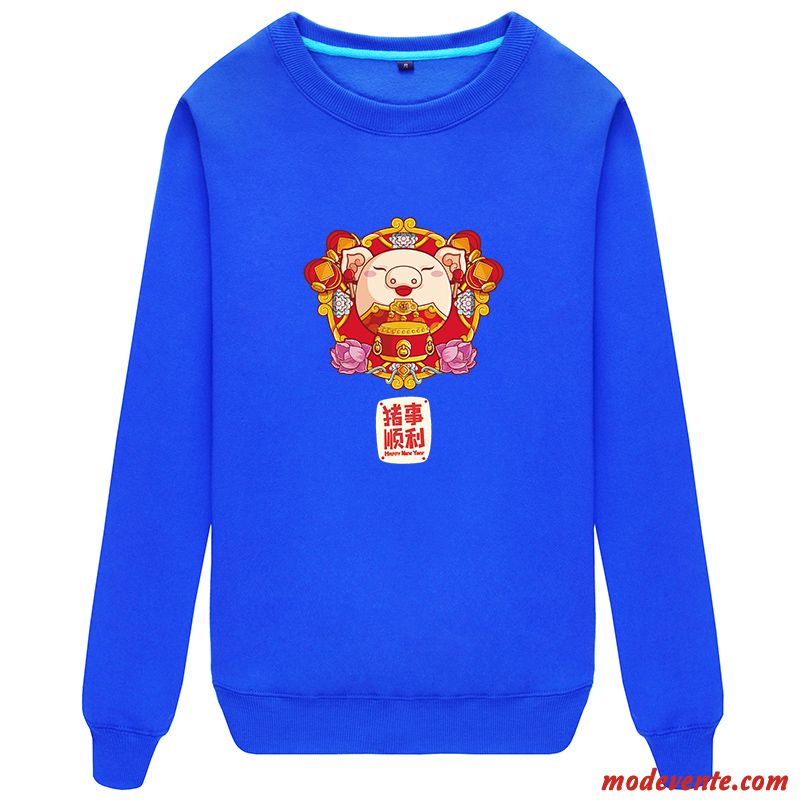 Sweat À Capuche Homme Plus De Velours Légère Col Rond Dessin Animé Femme L'automne Rouge