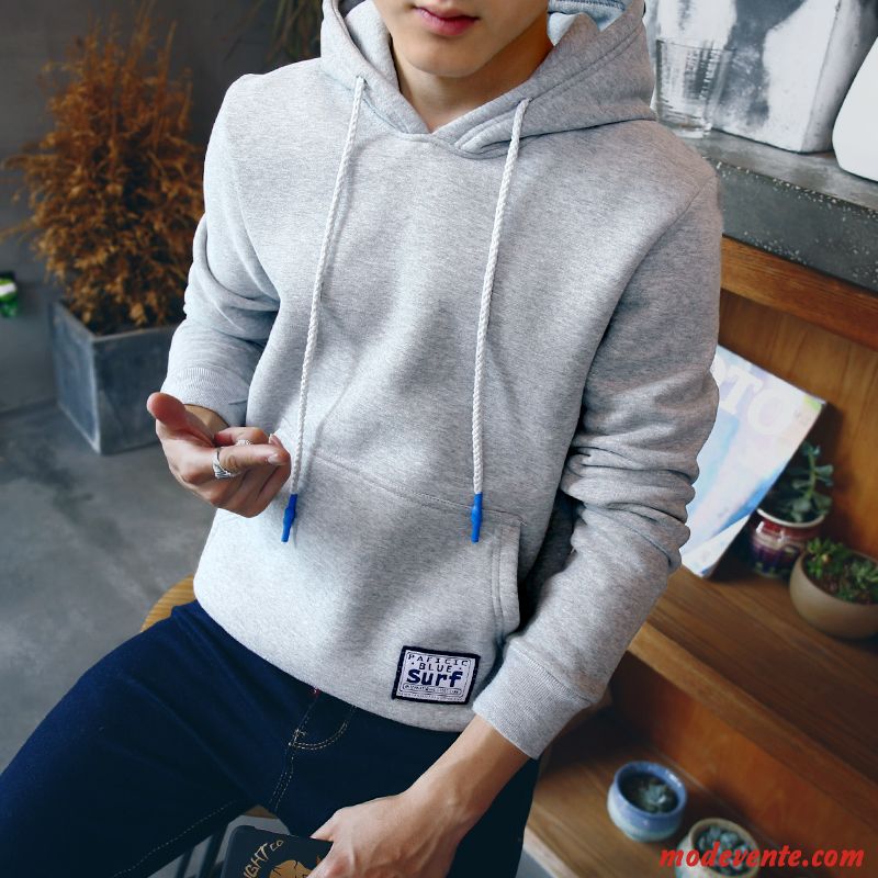 Sweat À Capuche Homme Plus De Velours Pullovers Longues L'automne Étudiant Col Rond Blanc