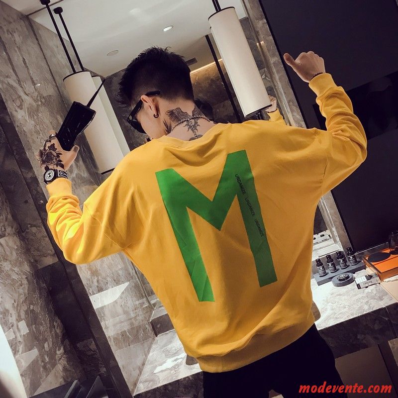 Sweat À Capuche Homme Printemps Hip Hop Pullovers Une Veste Baggy Col Rond Impression Jaune