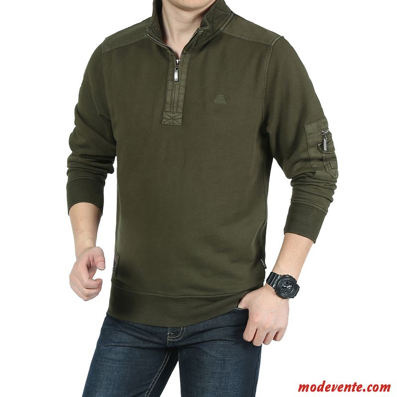 Sweat À Capuche Homme Épais Coton Bio Grande Taille Col Mandarin Pullovers Longues Vert