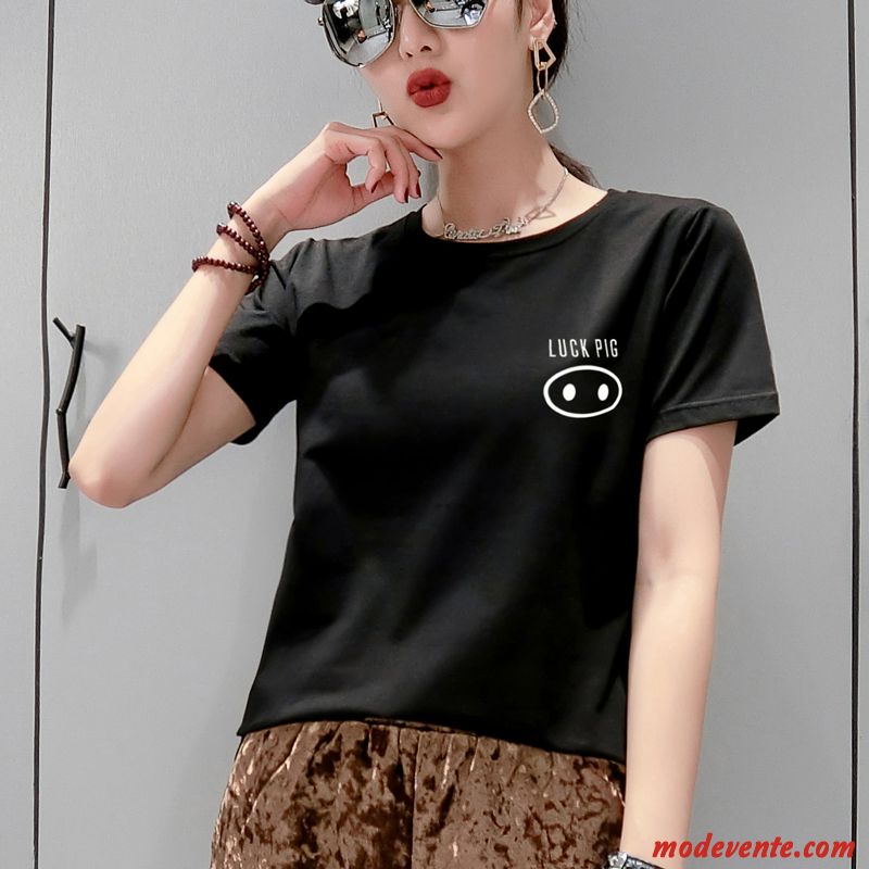 T-shirt Femme Col Rond Simple Courte Tendance Baggy Été Blanc Orange