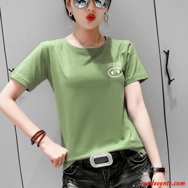 T-shirt Femme Col Rond Simple Courte Tendance Baggy Été Blanc Orange