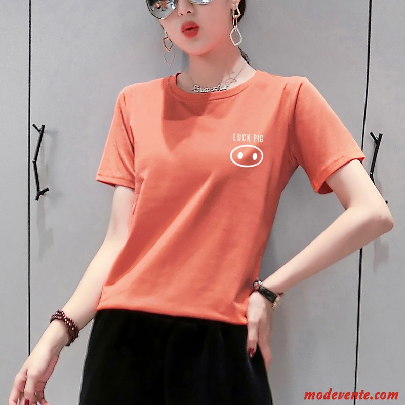 T-shirt Femme Col Rond Simple Courte Tendance Baggy Été Blanc Orange