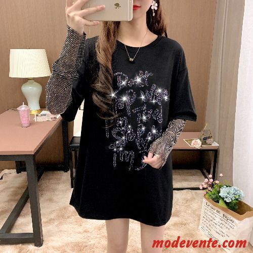 T-shirt Femme Courte Grande Taille Incruster Strass Manche Deux-pièces Épissure Noir