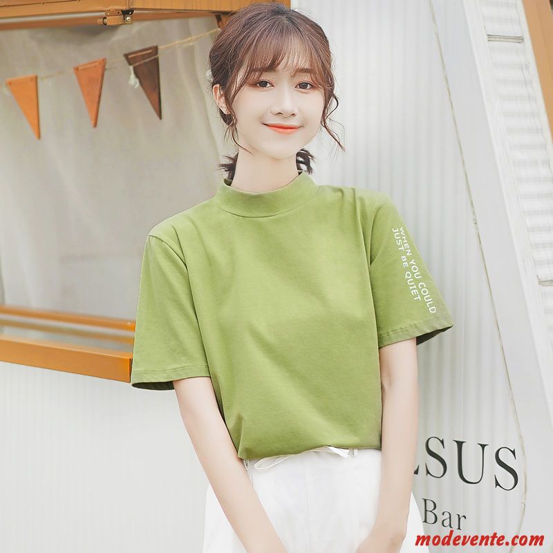 T-shirt Femme Demi Manche Été Courte Étudiant Col Haut Une Veste Pure Vert