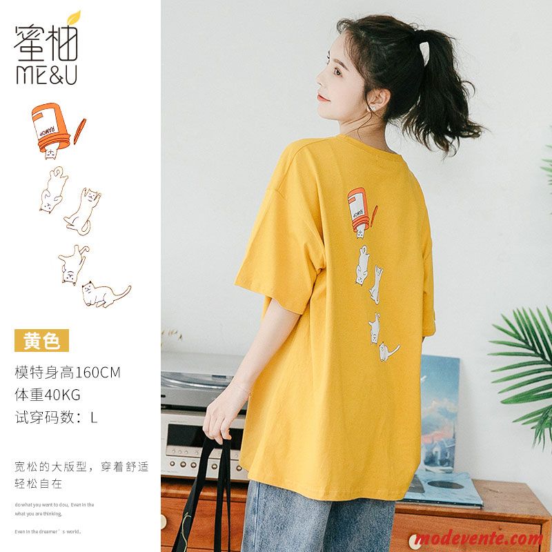 T-shirt Femme Décontractée Coton Bio Été Manche Baggy Courte Jaune