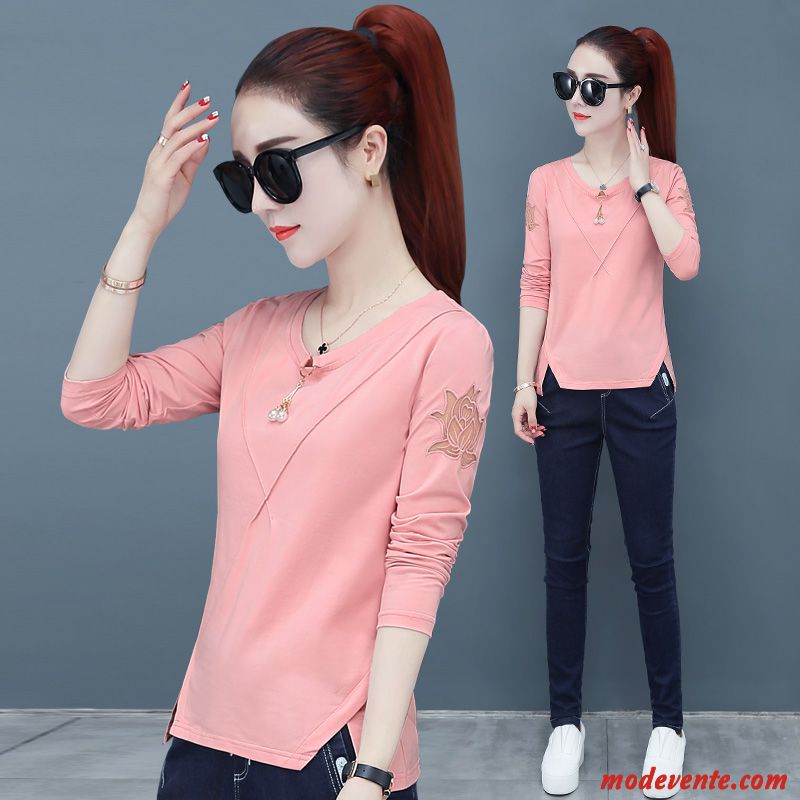 T-shirt Femme Printemps Diviser La Fourchette Une Veste T-shirt Long Slim Court Rouge Rose