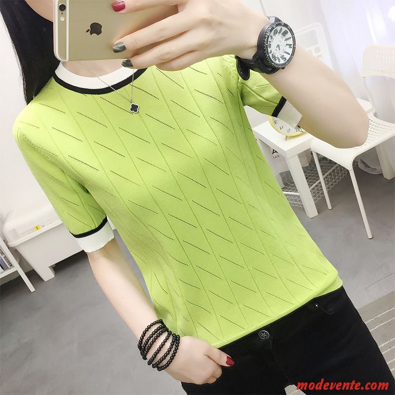 T-shirt Femme Une Veste Courte Chemise En Bas Baggy Col Rond Soie De Glace Vert