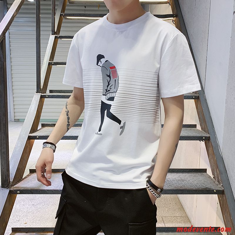 T-shirt Homme Col Rond Courte Marque De Tendance Baggy Été Étudiant Blanc